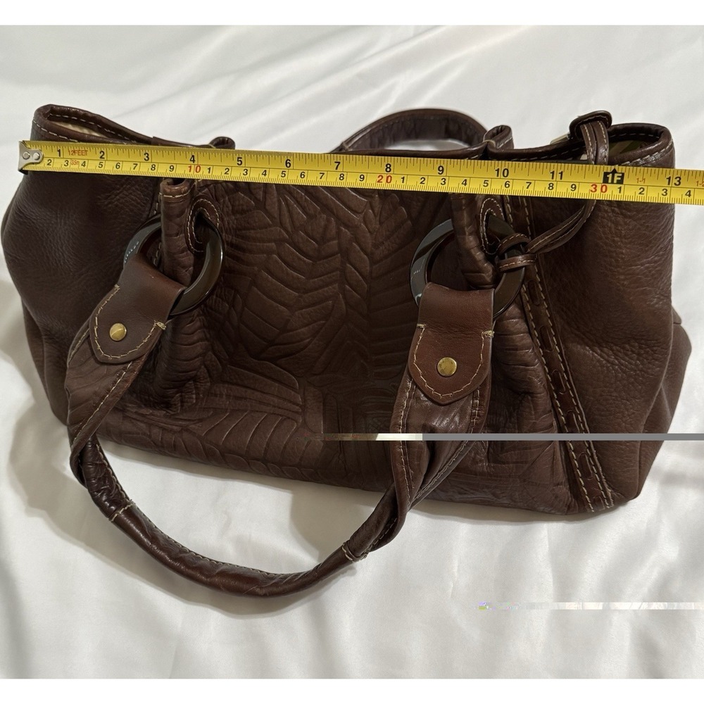 Fossil Brown Leather Embossed Palm Leaf Shoulder Handbag Purse Rustic Boho Chic - Picture 10 of 12